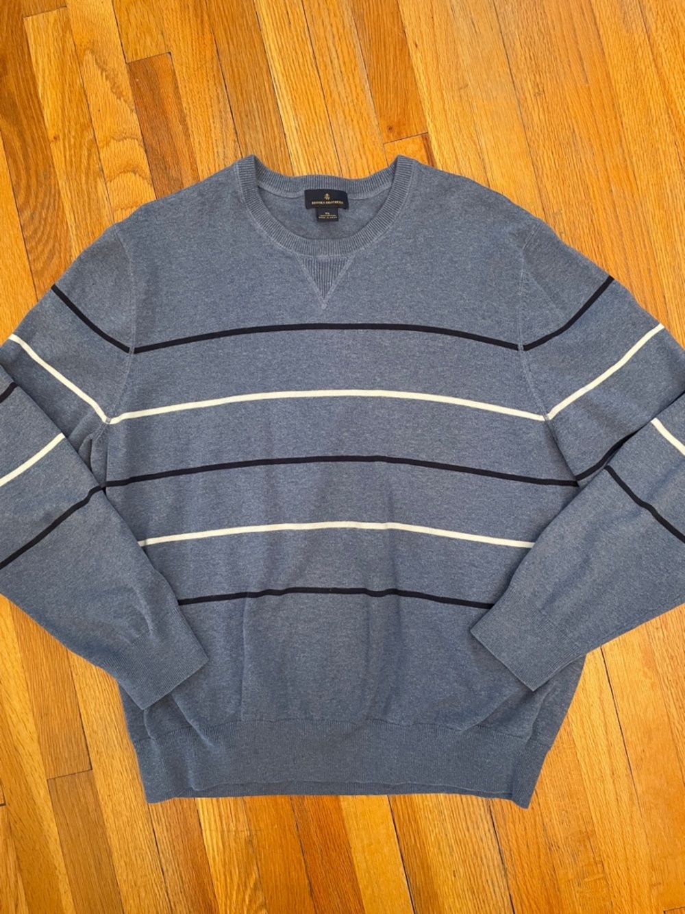 BROOKS BROTHERS Slate Blue Cotton Crewneck Coastal Navy & White Striped Sweater